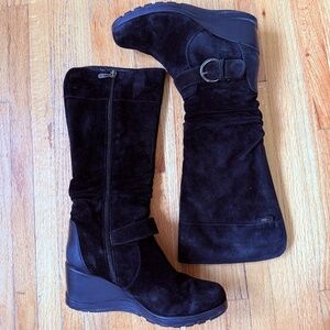Y2K Sleek knee high black suede wedge boots